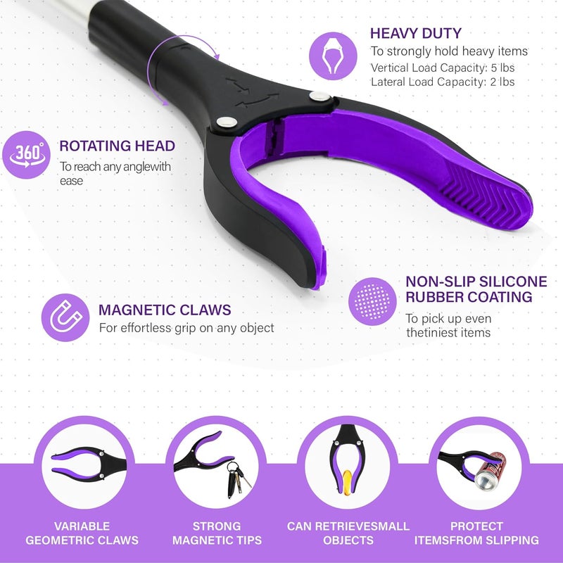 GrabRunner 2 Pack 32 inch FDA Registered Heavy Duty(up to 10 lbs) Reacher Grabber Tool with Strong Magnetic (New Purple) - Image 2